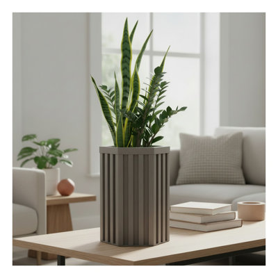Hexagon Column Planter, Modern Aluminum Garden Planter with Drainage - Grey Brown Small Outdoor Decorative Planter