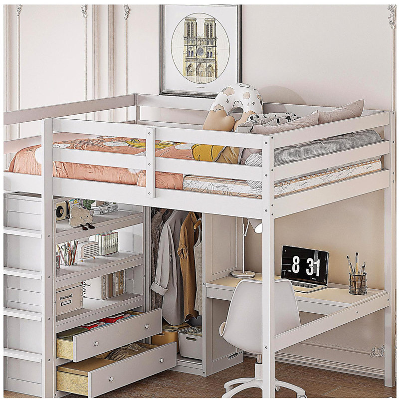 Lit mezzanine double en bois avec placard intégré, bureau, tablettes de rangement et tiroirs, White