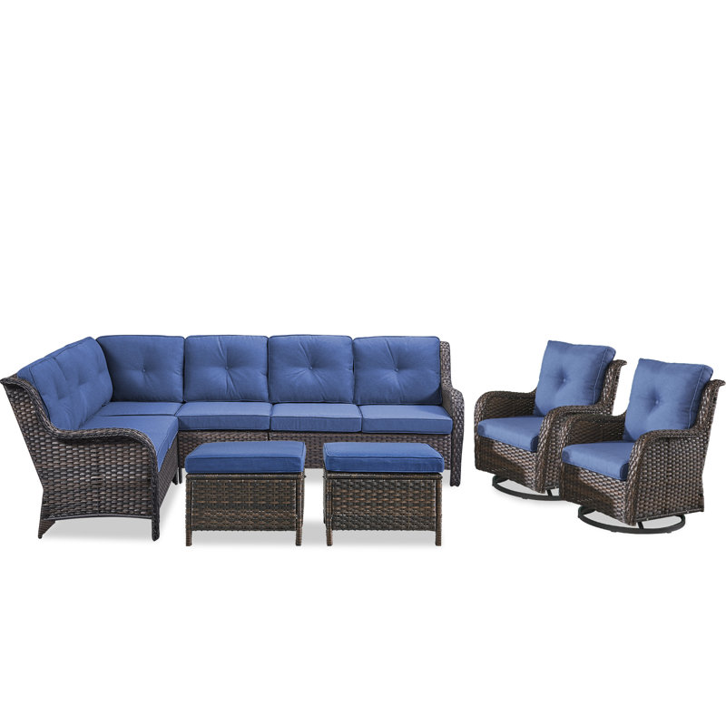 6-Piece Outdoor PE Rattan Sectional Seating Group With Cushions, Blue, Brown