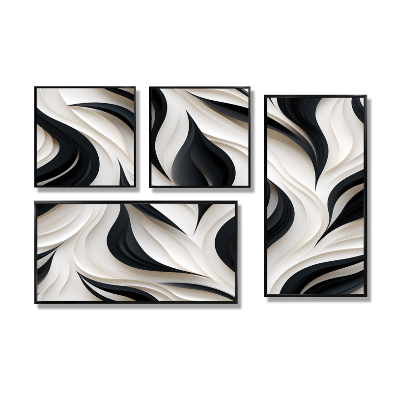 Élégance minimaliste blanche et noire - grand art mural rayé 4 pièces, Noir, Impression encadrée sans passe-partout