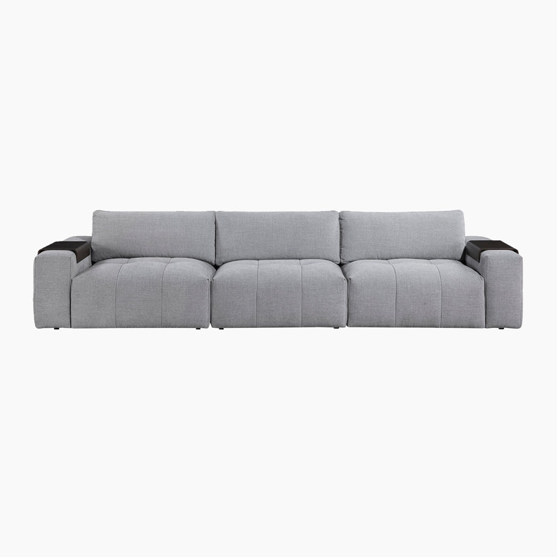 Canapé en tissu texturé moderne et contemporain de 154 po avec plateau d'accoudoirs en bois intégré, détails capitonnés et coussins de dossier réversibles Louise