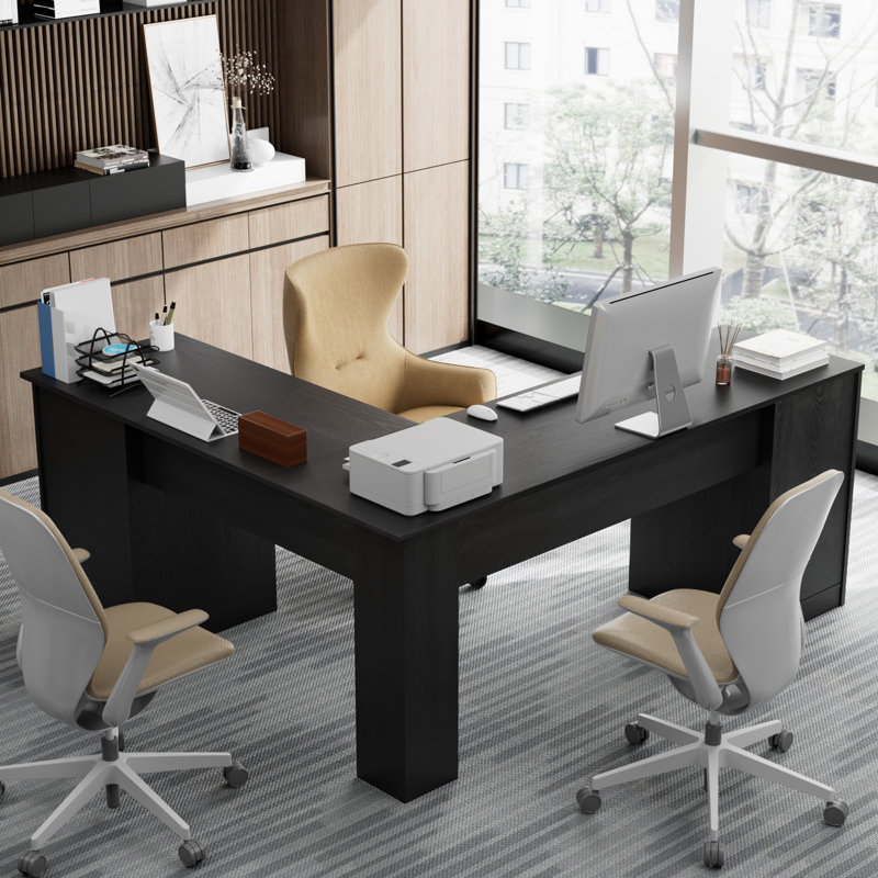 Arpan 60" L-Shaped Executive Desk with Drawers, Wood Home Office Corner Desk with Storage Cabinet, Black