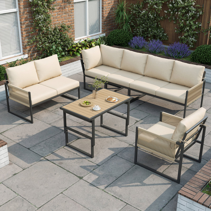 6-7 Seat Modular Outdoor Sofa Set With Adjustable Plastic Wood Table & Rope