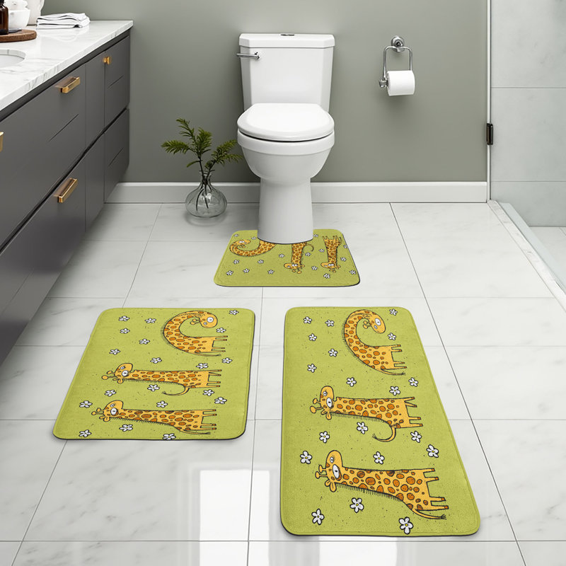  Animal Bathroom Rug Set 3 Pieces U-Shape & Rectangle Mats Avocado Green Caramel