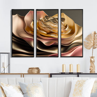 «Retro Retro Abstract Abstract Pink and Gold Flowers III», reproduction sur toile 3 pièces