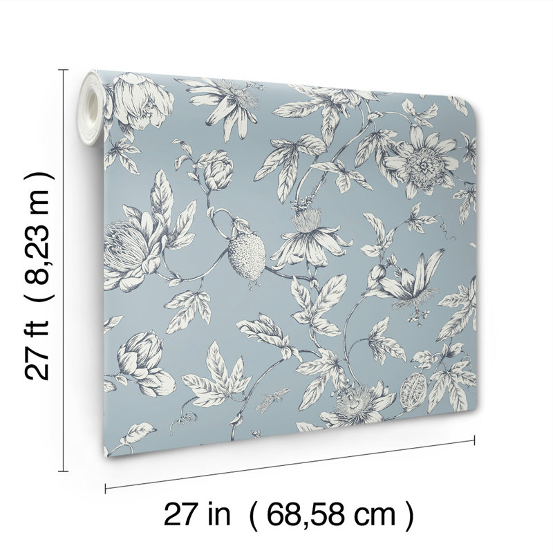 Passion Flower Toile Floral Wallpaper Roll, Sky Blue