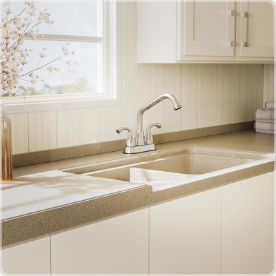Chrome Swivel Long Spout Bathroom Laundry Utility Sink Faucet With Garden House Threaded End - 4 Inch Centerset, Lead-Free Stainless Steel, Water Supply Lines, Fits 3-Hole Sinks
