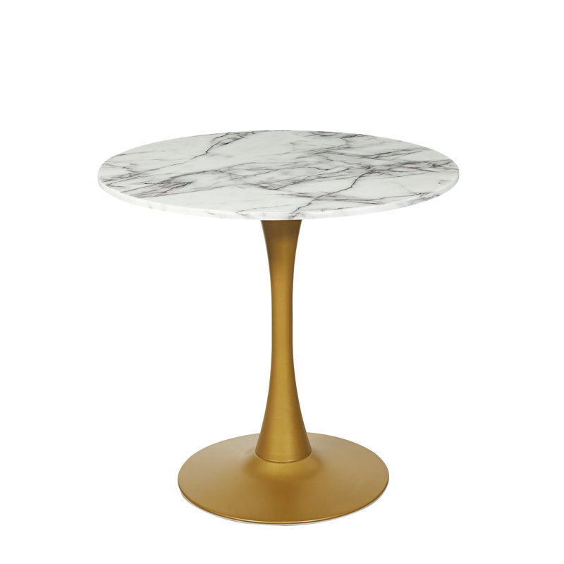 Killion 100 Cm Pedestal Engineered Marble Dining Table, White, Gold, 75" H x 80" W x 80" D