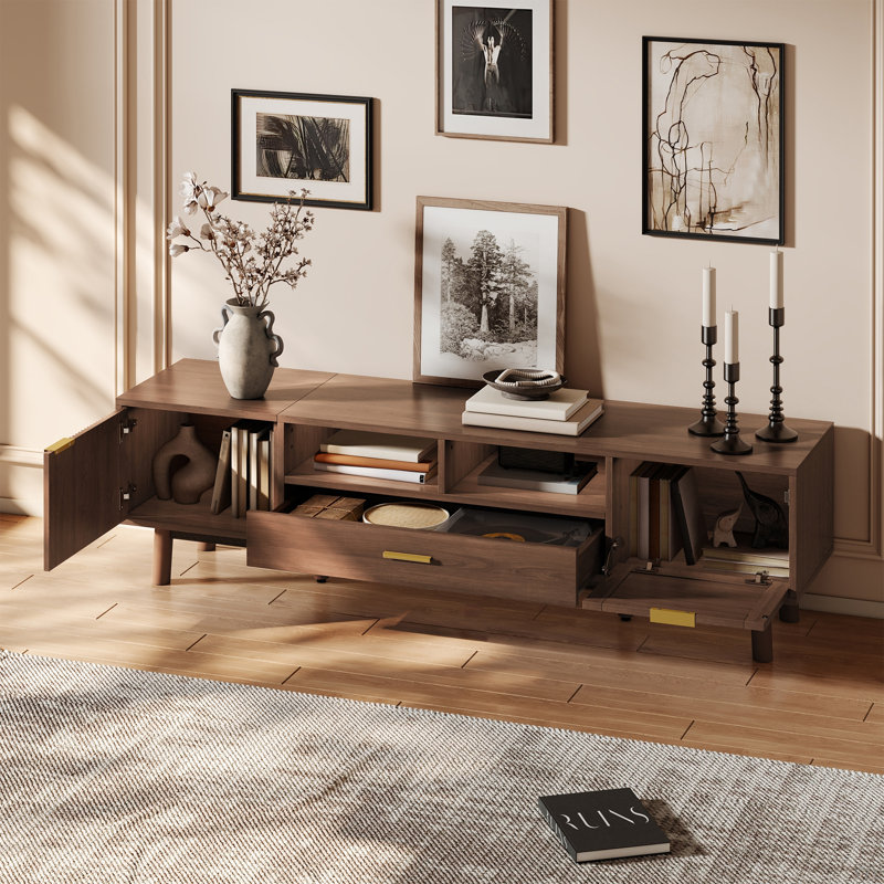 Fashionable Tv Stand With Soft-closing Door And Drop-down Door Cabinet, Smooth Waterproof Surface, 1 Drawer, Rattan Decoration And Open Shelves