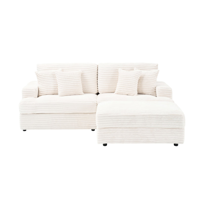 Velours côtelé blanc 82 po avec coussins en éponge à mémoire de forme et pieds de rangement pour 4 coussins décoratifs