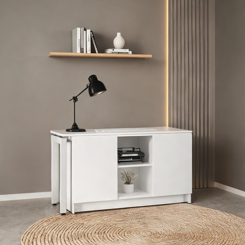 Bureau d'ordinateur rotatif réglable avec rangement, poste de travail à panneau de particules blanc de 72 pouces de large pour le bureau à domicile ou le studio