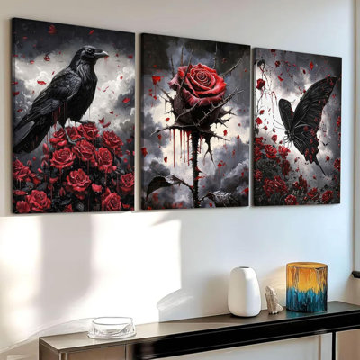 3 pièces d'art sur toile gothique effrayant papillon corbeau affiche romantique rose Halloween image gothique foncé peinture murale décoration pour le salon chambre bureau 12 x 16 po encadrée