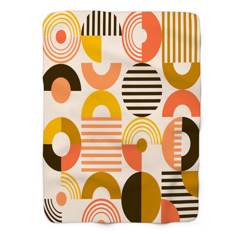 Motif Groovy - 1 pièce Sherpa Premium, Lit simple, Orange / noir / jaune abstrait / formes géométri
