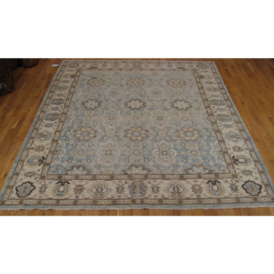 Tapis unique en laine noué à la main beige / bleu clair de 8 pi 1 po x 9 pi 8 po