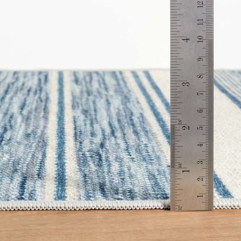 Ellington Machine Printed Polyester Striped Area Rug in Blue/White, Rectangle 3' x 5'