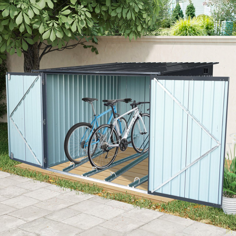 Remise de rangement extérieure en acier pour vélo avec toit incliné et 4 voies à vélo