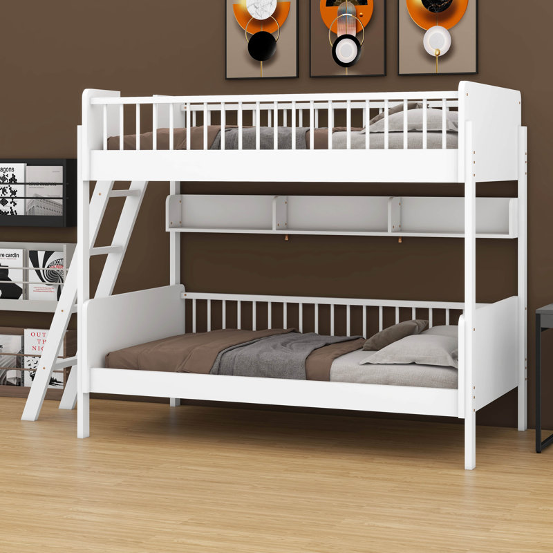 Twin Size Wooden Bunk Bed Frame - 3 Storage Shelves & Reversible Ladder (Left/Right), White