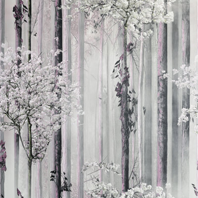 Gurveen 10.05cm x 53cm Wallpaper Roll Blossom Forest Dusky Pink Grey Enchanted Trees