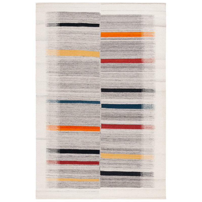 Kilim Flatweave Wool Cotton Abstract Rug in Ivory/Gray, Rectangle 4' x 6'