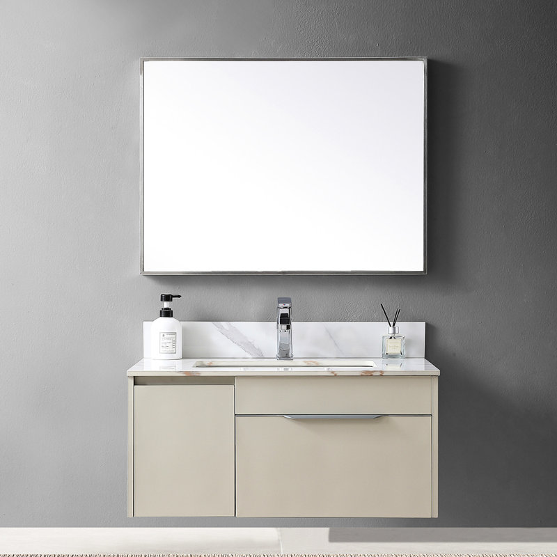 31 po. Comptoir de meuble-lavabo de 31 po de couleur or avec lavabo en céramique et dosseret - pierre frittée, installation facile sous la pierre