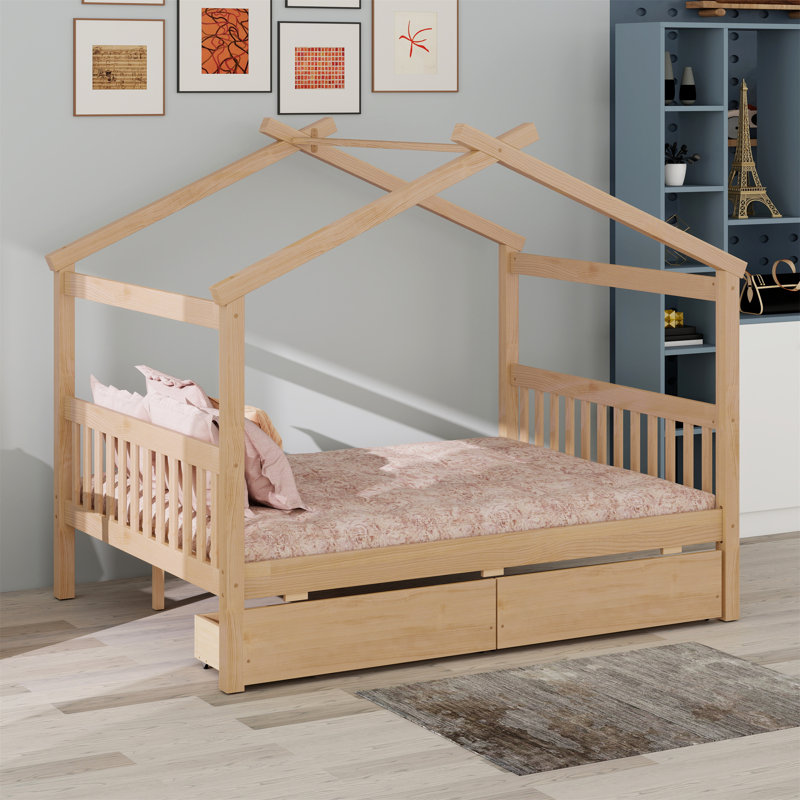 Wooden House Bed With Drawers, Full, Natural