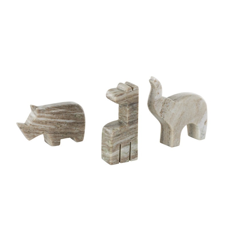 Cole And Grey Marble Small Rounded Safari Animals Sculpture With Copper Accents, 6.05" H X 5.75" W X 1.6" D, Brown/White/Gray