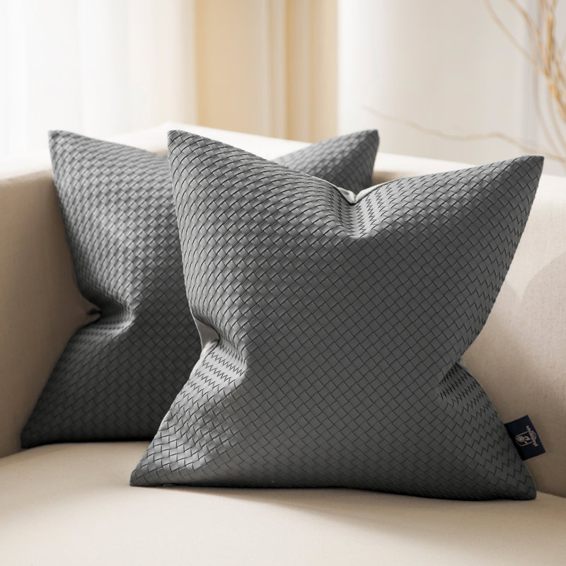 Dark Gray Woven Faux Leather and Velvet Throw Pillows, 18" x 18", Set of 2