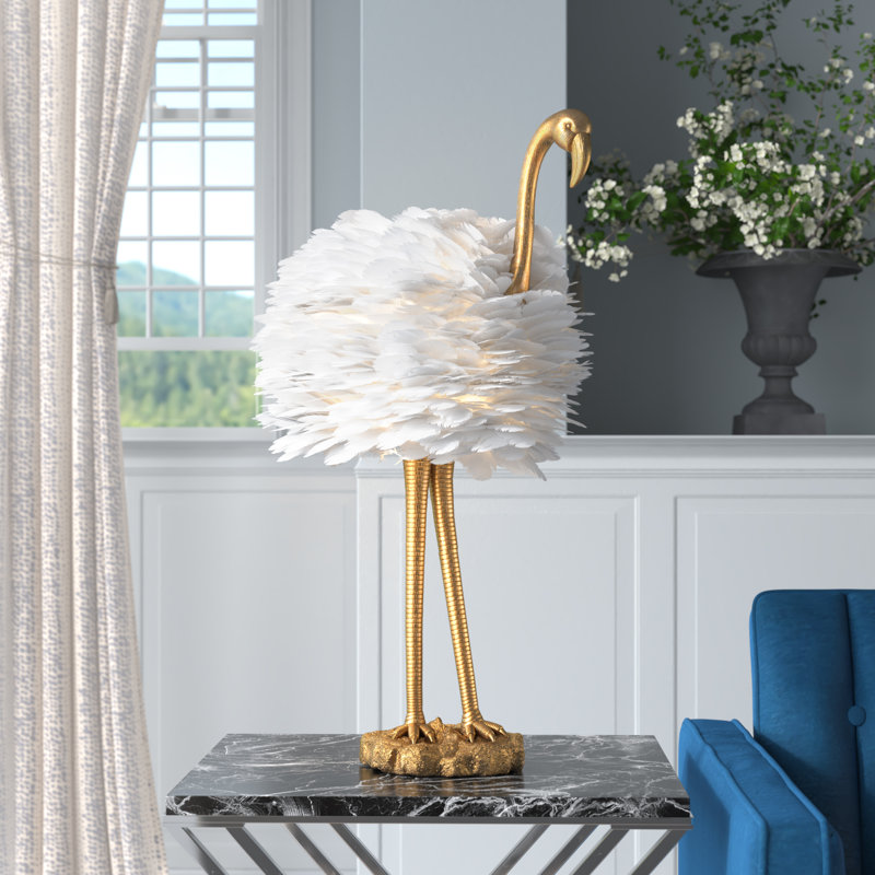 29.5" Gold Resin Flamingo Table Lamp with faux feather Shade