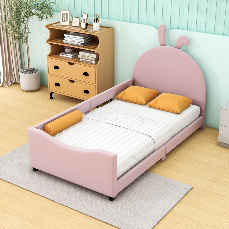 Twin Upholstered Platform Bed with Headboard, Pink