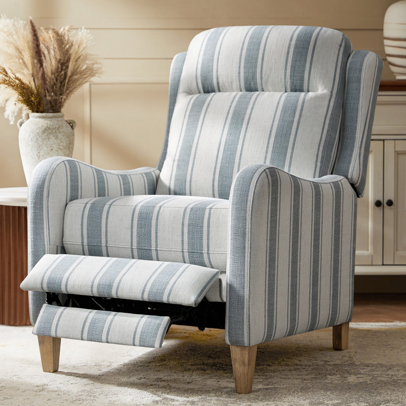 Beecher 31'' Farmhouse Stripped Manual Recliner with Solid Wood Legs, Blue
