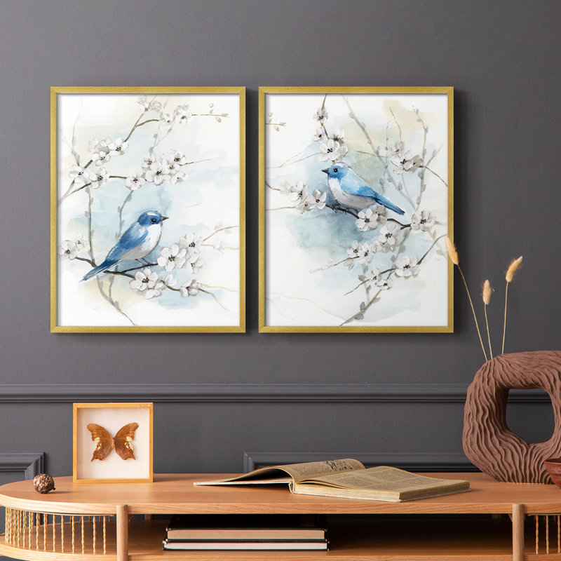 «Blossoms and Bluebird I», reproduction encadrée de qualité supérieure - prête à être accrochée - aucun clou requis - aucun clou requis