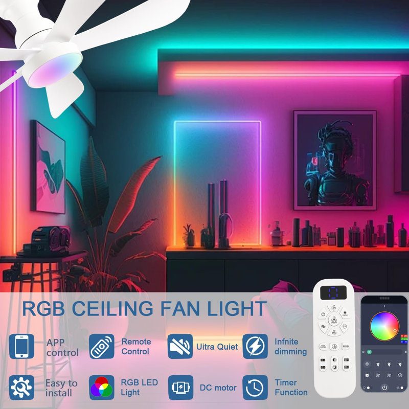 42 Inch Ceiling Fans With Lights And Remote/App Control, Flush Mount Ceiling Fan With RGB Dimmable Light, Noiseless Modern White Small Ceiling Fan For Bedroom Indoor/Outdoor