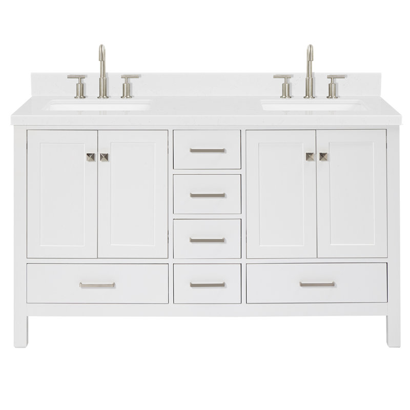 Cambridge 60.25'' Double Bathroom Vanity with Carrara Quartz Top, White / Brushed Nickel