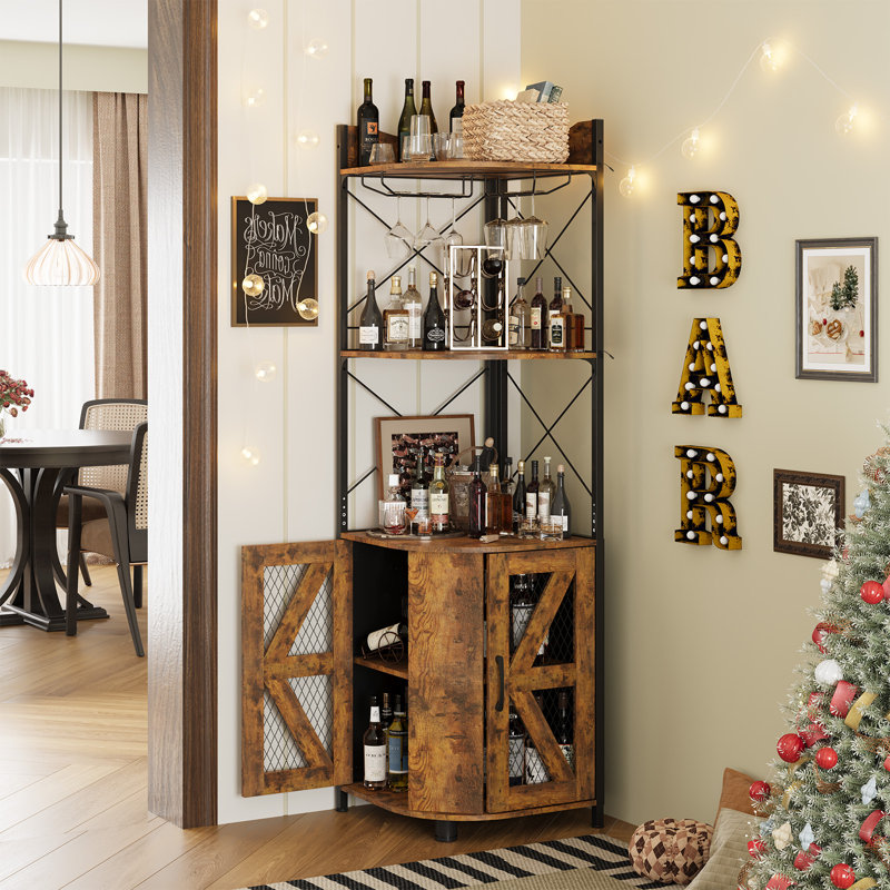 Armoire de bar en coin 63 "avec lumières DEL et support en verre Gilot, Brun rustique