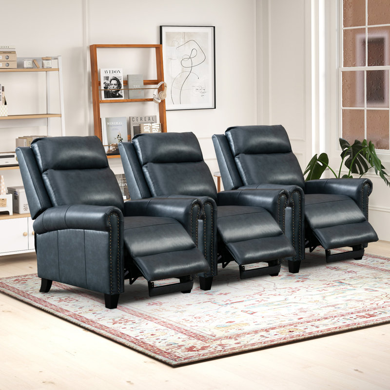 33.5" Wide Traditional Breathable Top Grain Genuine Leather Pushback Recliner (Set Of 3), Navy Blue