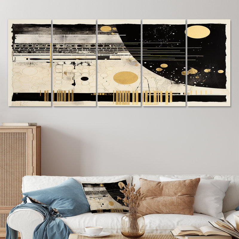 Or, noir, blanc, dimanche, Jazz I - Collages abstraits, art mural sur toile, 5 pièces, H 28 po x l 60 po