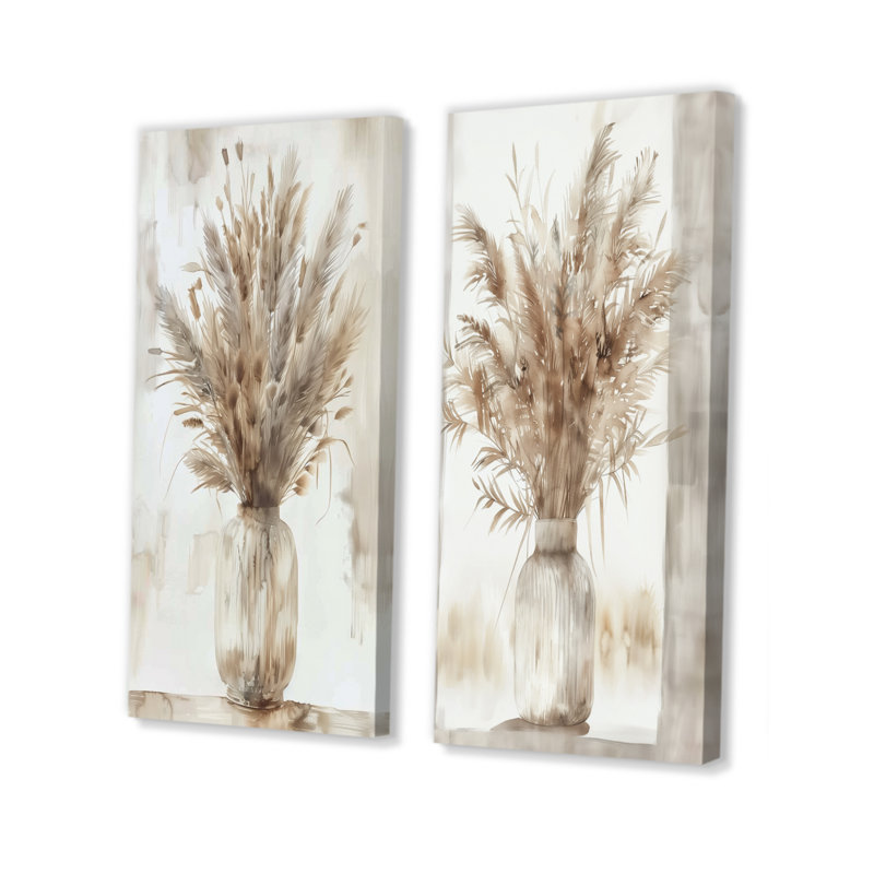 Beige White Boho Plant Chic I - Boho Feather Wall Art 2 Pieces Set, 40" H x 40" W, Framed Wrapped Canvas, Does Not Apply