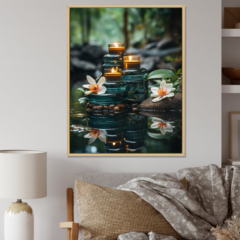 Spa zen pierres dans la rivière avec bougies I - art abstrait sur toile, H 32 po x l 16 po x P 1 po, Cadre naturel flottant
