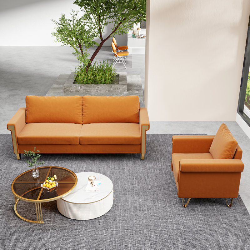 Ensemble de canapé et de chaise en velours orange - canapé moderne de style Mid-Century avec fauteuil assorti