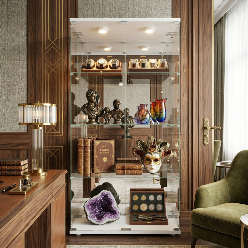 4-Tier Double Door Glass Display Cabinet with Mirrored Back & LED Lights,  Large Tall Curio Cabinet, Black / White, White