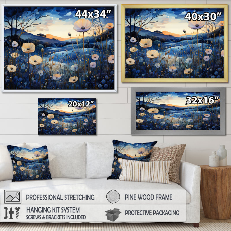 Blue Charm Cornflowers Pointillism III - reproduction d'art sur toile, Cadre photo noir, H 24 po x l 32 po x P 1 po