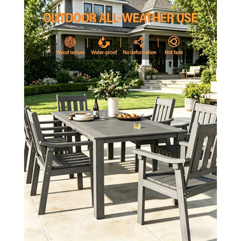 All Weather Rectangular HIPS Patio Dining Table Sets with Arm Chairs 7 Piece Outdoor Furniture Set with Umbrella Hole Modern Plastic Outdoor Dining Sets