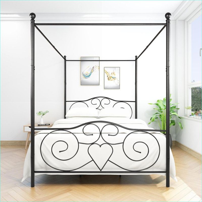 Structure de lit à baldaquin grand lit en métal noir rétro, aucun sommier nécessaire, capacité de 450 lb pour la chambre à coucher