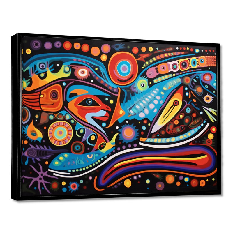 Indigène composition grand mystère - art mural amérindien, H 12 po x l 20 po x P 1 po, Toile avec cadre flottant noir