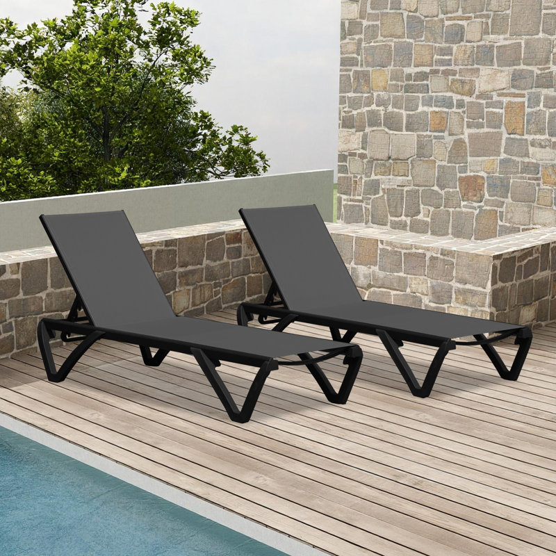 2-Piece Adjustable Aluminum Outdoor Chaise Lounge Set, Dark Gray