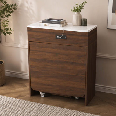 74‑Inch Expandable Faux‑Marble Kitchen Island Dining‑Table, Walnut Finish, Pull‑Out Extension Top, Built‑in Power Outlets, Lockable Rolling Casters & Under‑Table Storage Cabinet