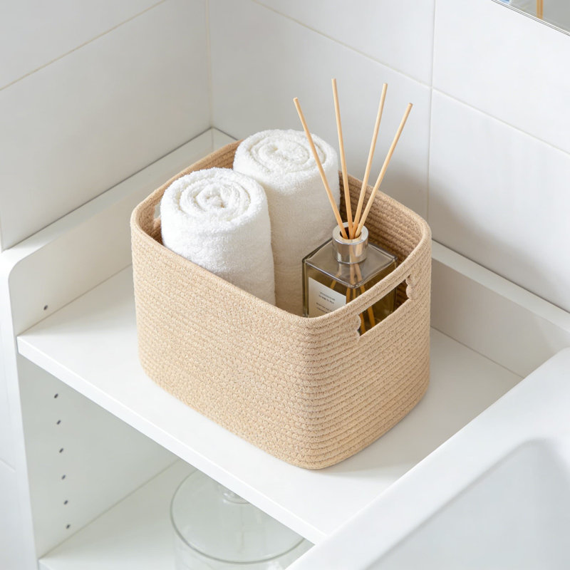 Woven Storage Baskets 4-Pack With Handles, Foldable Fabric Organizer Bins For Shelves, Closet, And Home Organization, Natural Cotton Material