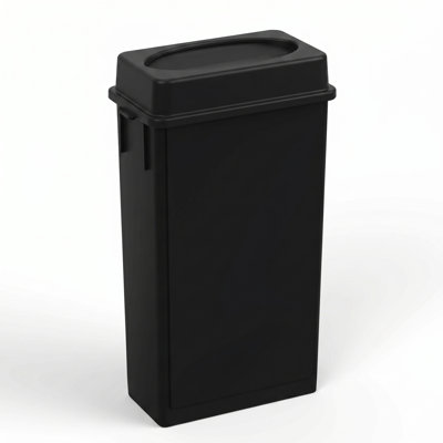 23 Gallon Black Slim Rectangular Plastic Trash Can with Swing Lid and Venting Channels
