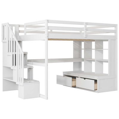 Lit mezzanine avec bureau et tablettes, deux tiroirs intégrés, escalier de rangement