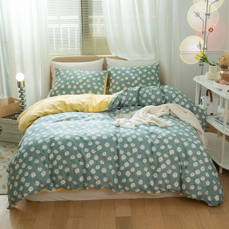  Ensemble de housse de couette en coton floral, Housse de couette simple et deux taies décorative, Motif floral vert